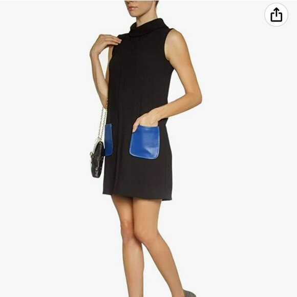 Anthropologie Dina Agam Black Crepe & Blue Lambskin Mock Sleeveless Shift Dress - Picture 15 of 16